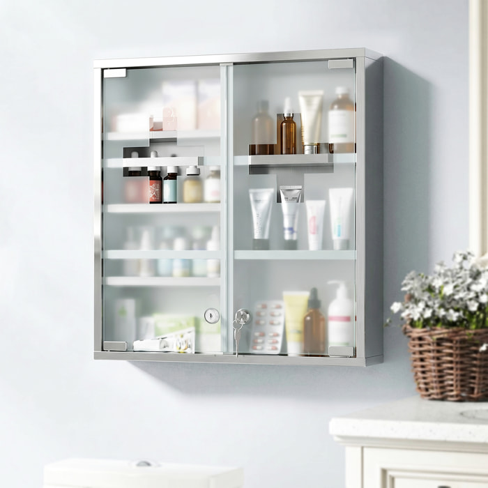 Armoire à pharmacie murale verrouillable acier inox 2 portes verre dépoli croix transparente