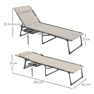 Tumbona Plegable, Tumbona Jardín Exterior con Respaldo Ajustable, Reposacabezas, Bolsillo Lateral, Bandeja y Estructura de Acero, Carga 120 kg para Terraza Piscina Playa, 190x60x31 cm, Crema