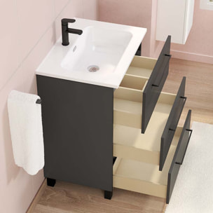 Ensemble De Salle De Bain Haru | Meuble De Salle De Bain Avec Pieds | 60 Cm Noir| 3 Tiroirs | Vasque Ceramique | N'Inclut Pas Miroir | Alday