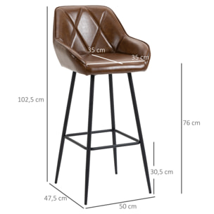 HOMCOM Juego de 2 Taburetes Altos de Cocina Taburetes de Bar Tapizado en PU con Respaldo Alto Patas de Acero y Reposapiés para Comedor Carga 120 kg 50x47,5x102,5 cm Marrón