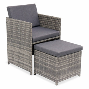 Table de jardin encastrable résine + 10 assises - Vabo - Coloris Nuances de gris. Coussins gris chiné. table encastrable.