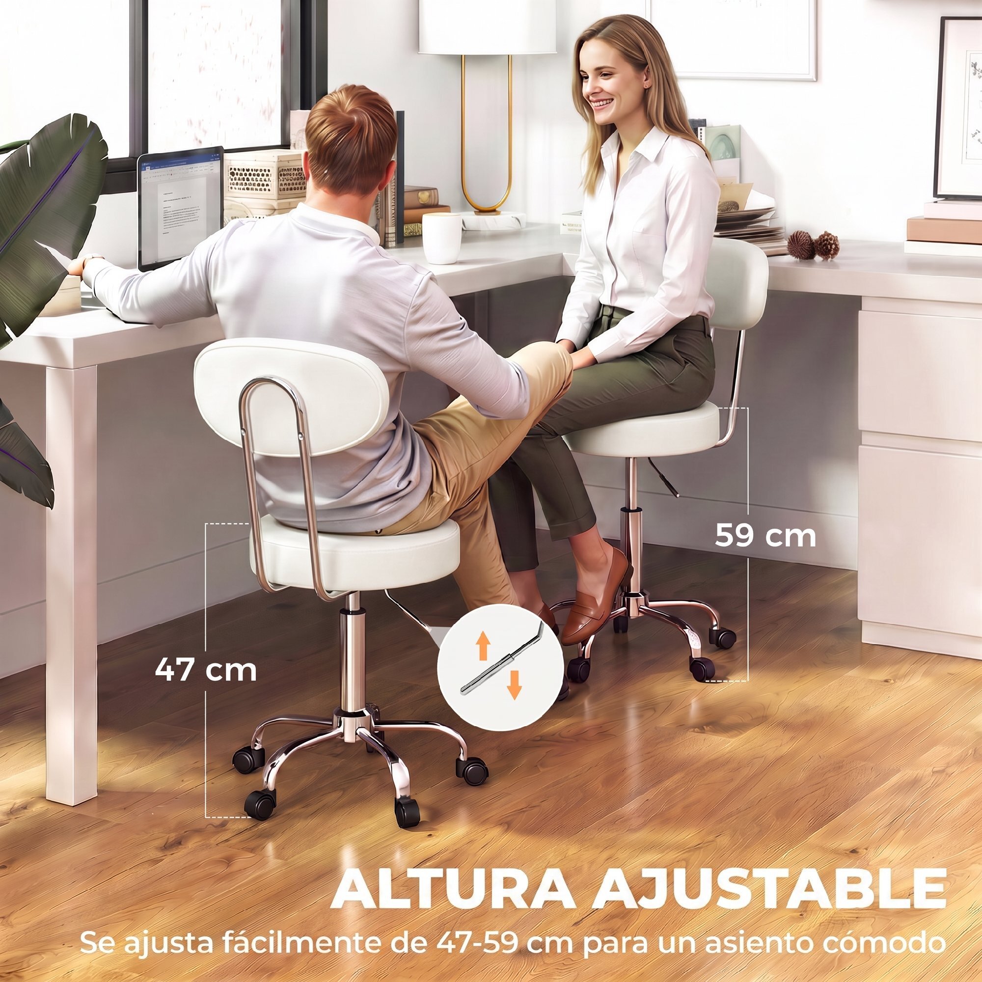 Taburete con Ruedas, Taburete Giratorio con Respaldo, Altura Regulable, Tapizado en Cuero Sintético, Asiento Acolchado, para Spa, Tatuajes, Oficina, Dormitorio, Blanco