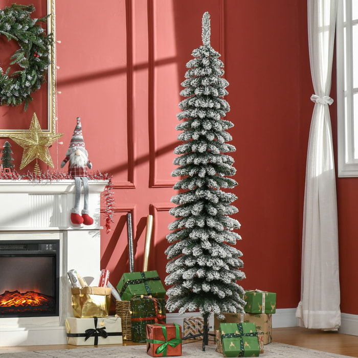 Árbol de Navidad Estrecho 180 cm, Árbol de Navidad Artificial Nevado con 395 Ramas y Soporte de Metal Plegable, Decoración Navideña para Salón, Interior, Verde