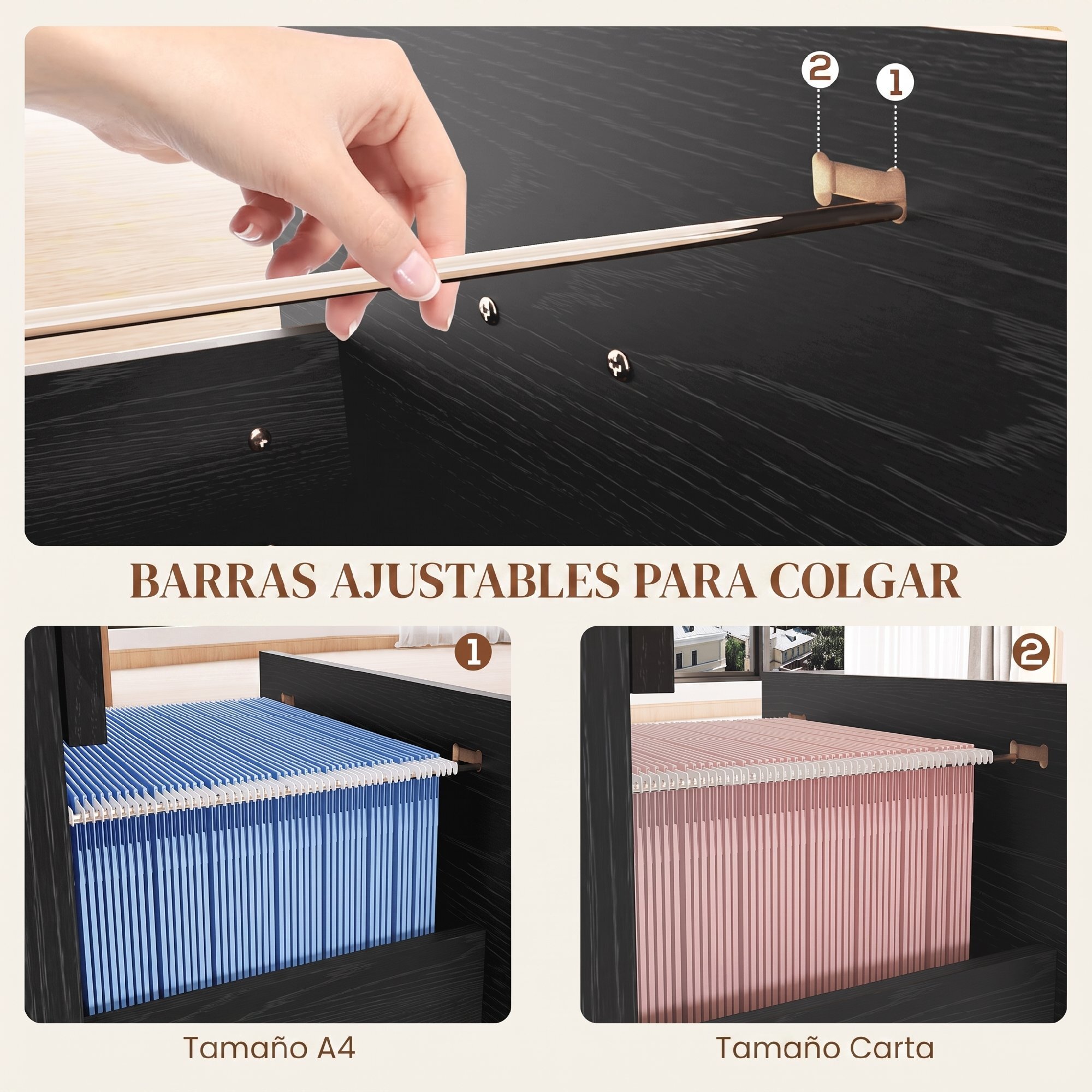 Cajonera Escritorio con 4 Cajones, Cajonera de Oficina con Cerraduras, Barras Ajustables para Archivos Tamaño A4 y Carta, Archivador para Estudio, Salón, 40x42x130,8 cm, Negro