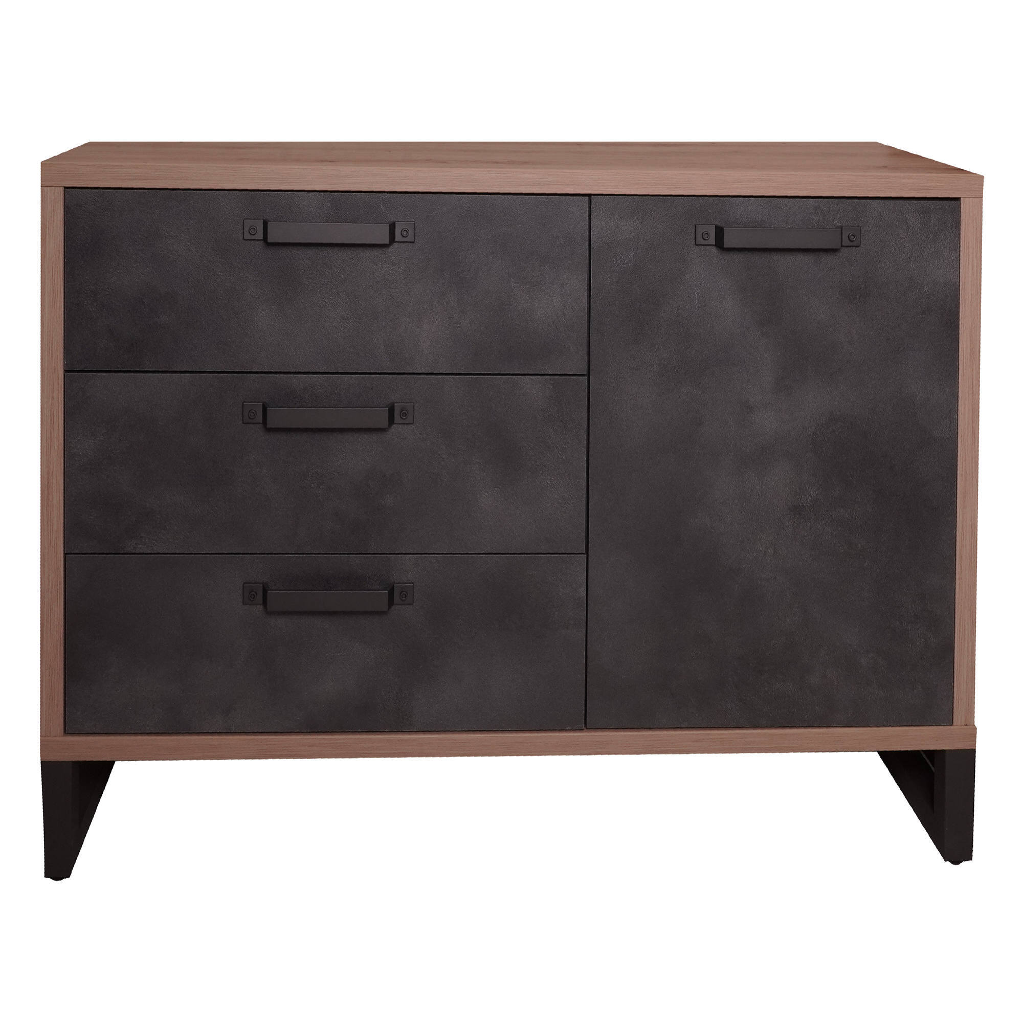 Credenza stile industrial a 1 anta e 3 cassetti, Buffet da cucina, Madia con scaffali e ripiani, Made in Italy, cm 122x45h88, colore Rovere e Antracite