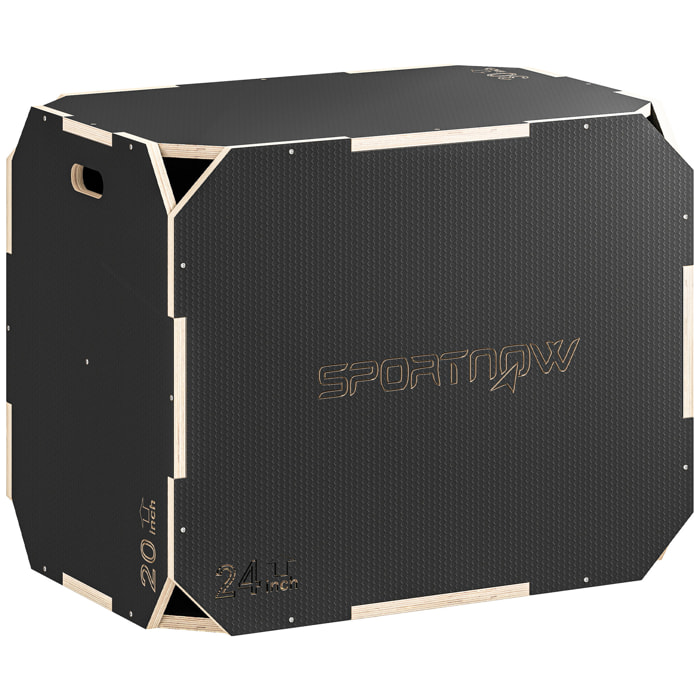 Cajón Pliométrico de Madera 3 en 1, Plataforma de Caja Pliométrica con 3 Alturas Ajustables 76/61/51 cm, Asas, sin Esquinas, Entrenamiento de Salto, Fuerza, para Casa, Gimnasio y Exterior