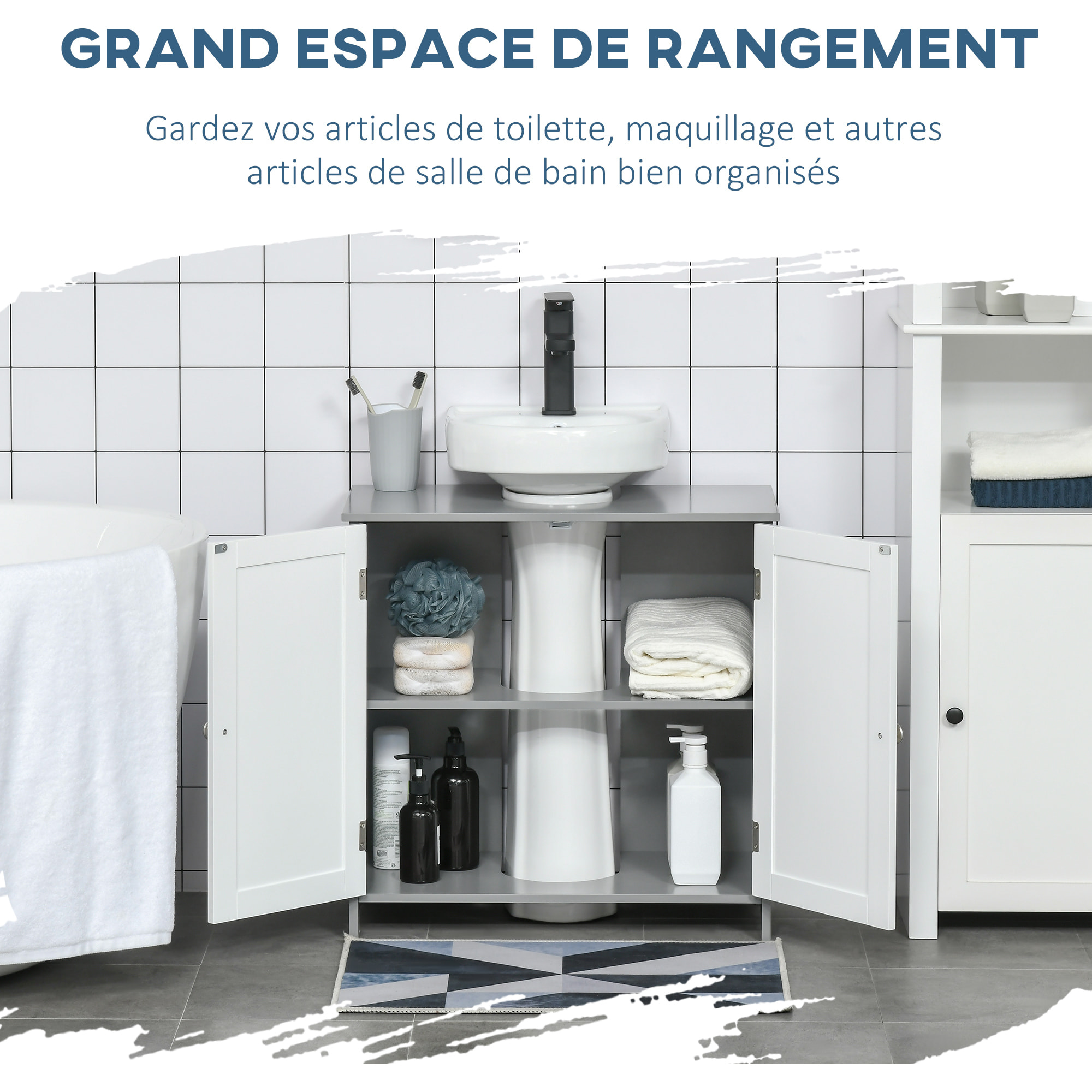 Meuble salle de bain - meuble sous-vasque - placard 2 portes aspect résine tressée avec étagère - MDF blanc gris