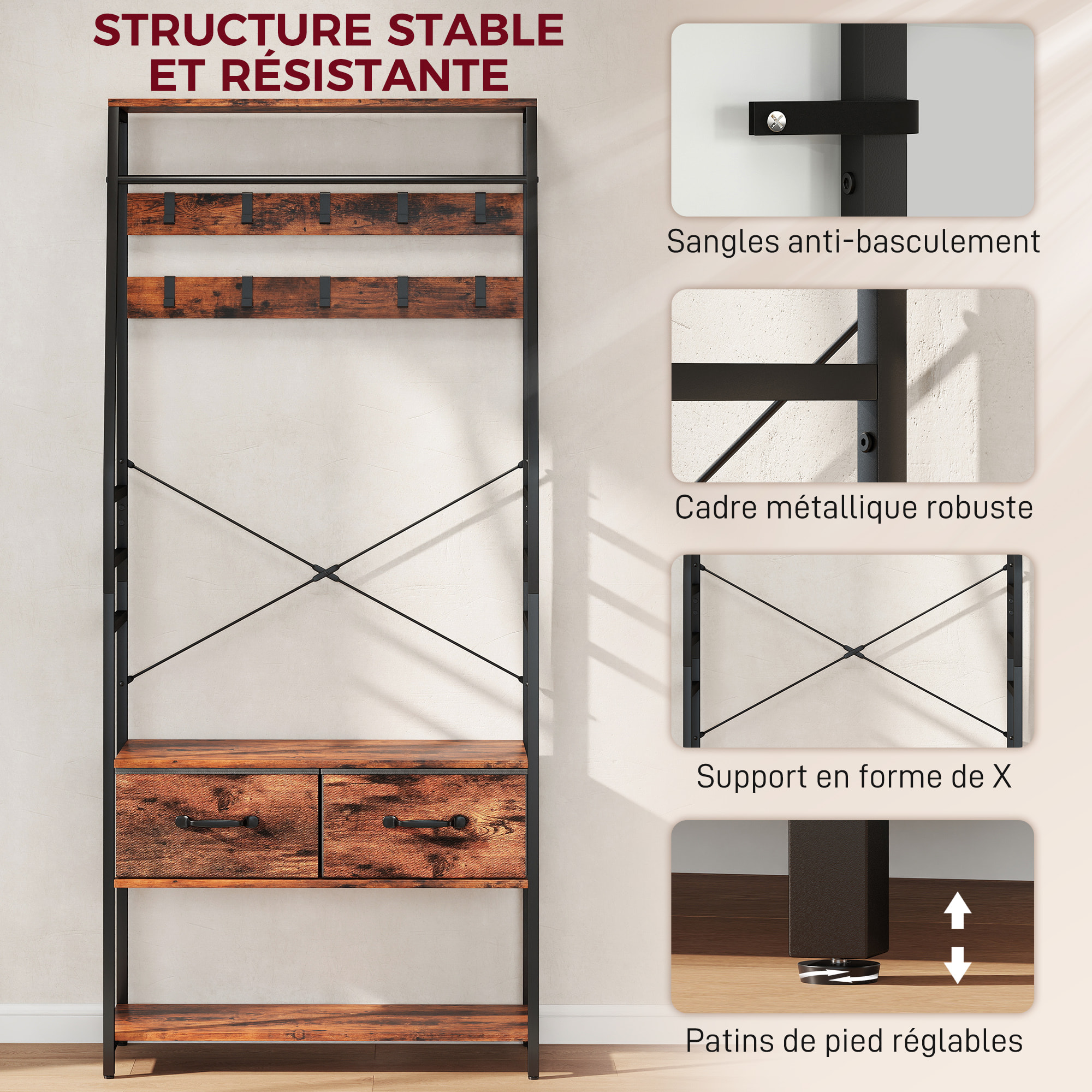 Vestiaire porte-manteau banc à chaussures style industriel multi-rangement métal noir effet bois vieilli