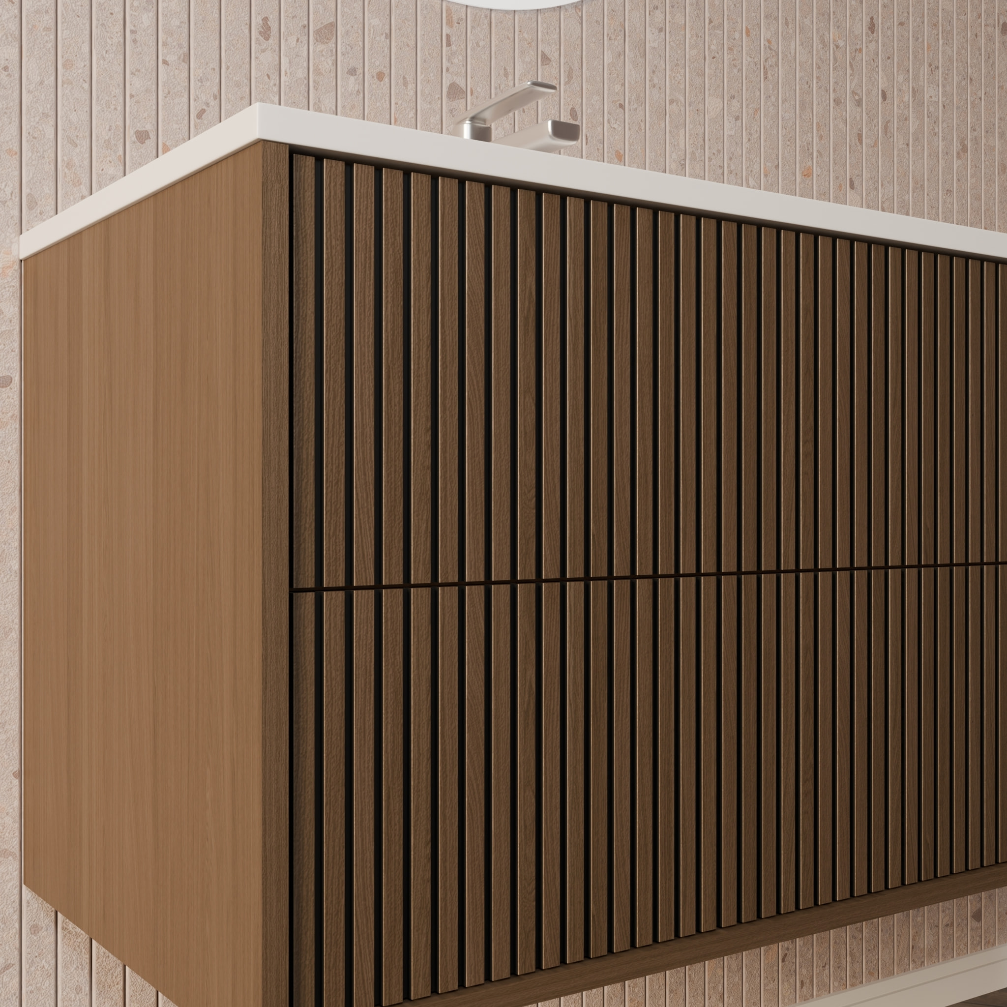 Meuble Salle de Bains YUKI 60 2 Tiroirs Décor Chêne et Noir - Vasque Blanche - Miroir Ovale 50x80