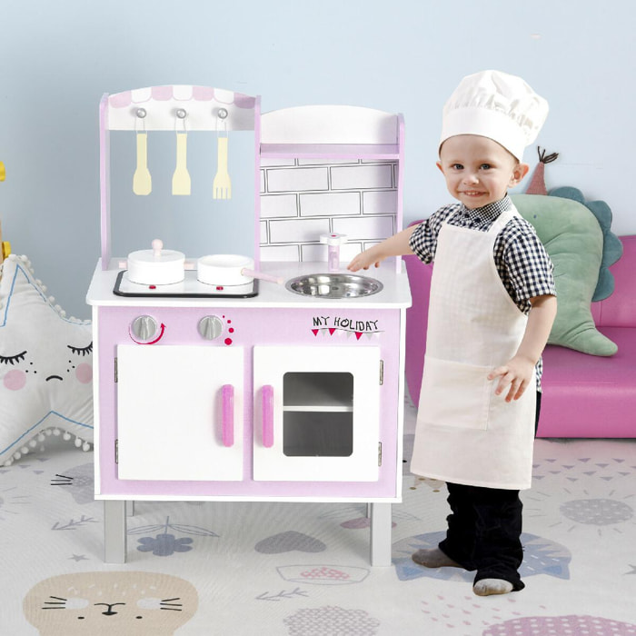 Cuisine bois jeu d'imitation - cuisine rose enfant - nombreux accessoires & rangements inclus - fonction sonore - MDF pin rose blanc