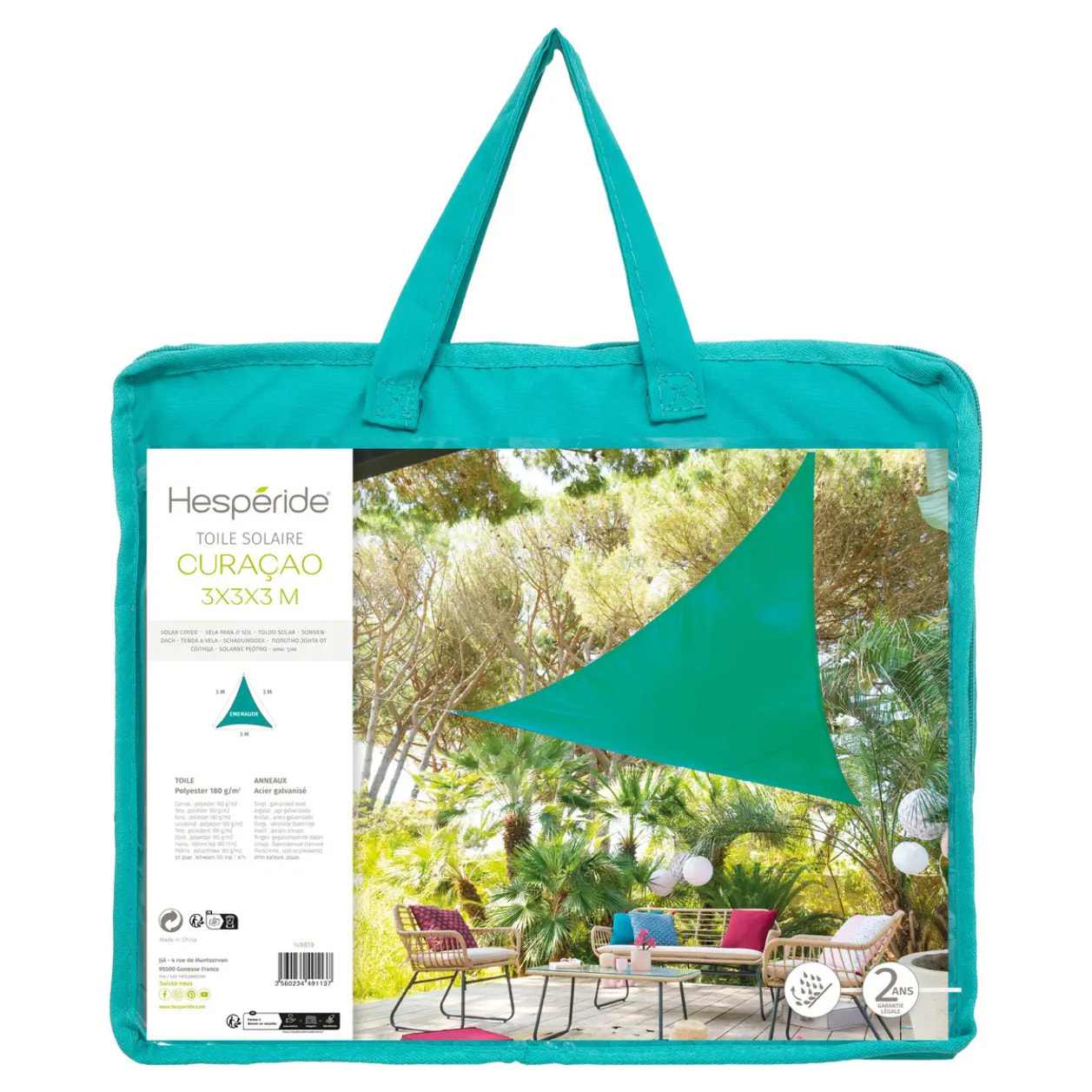 Voile d'ombrage triangulaire "Curacao" émeraude 3x3x3m en polyester