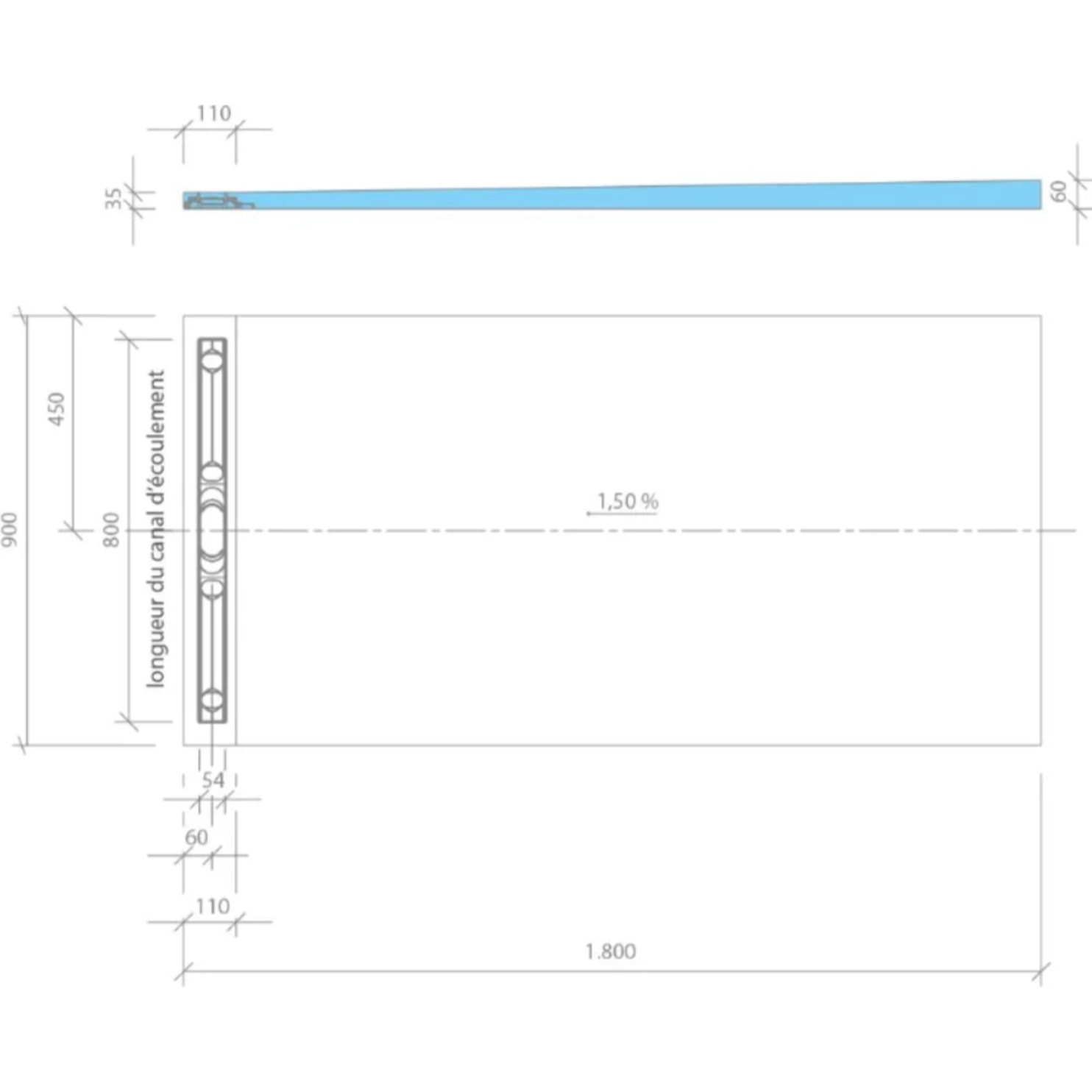 Receveur à carreler WEDI Fundo Riolito Neo + barrette de finition + bonde horizontal + kit d'étanchéité 180 x 90 cm