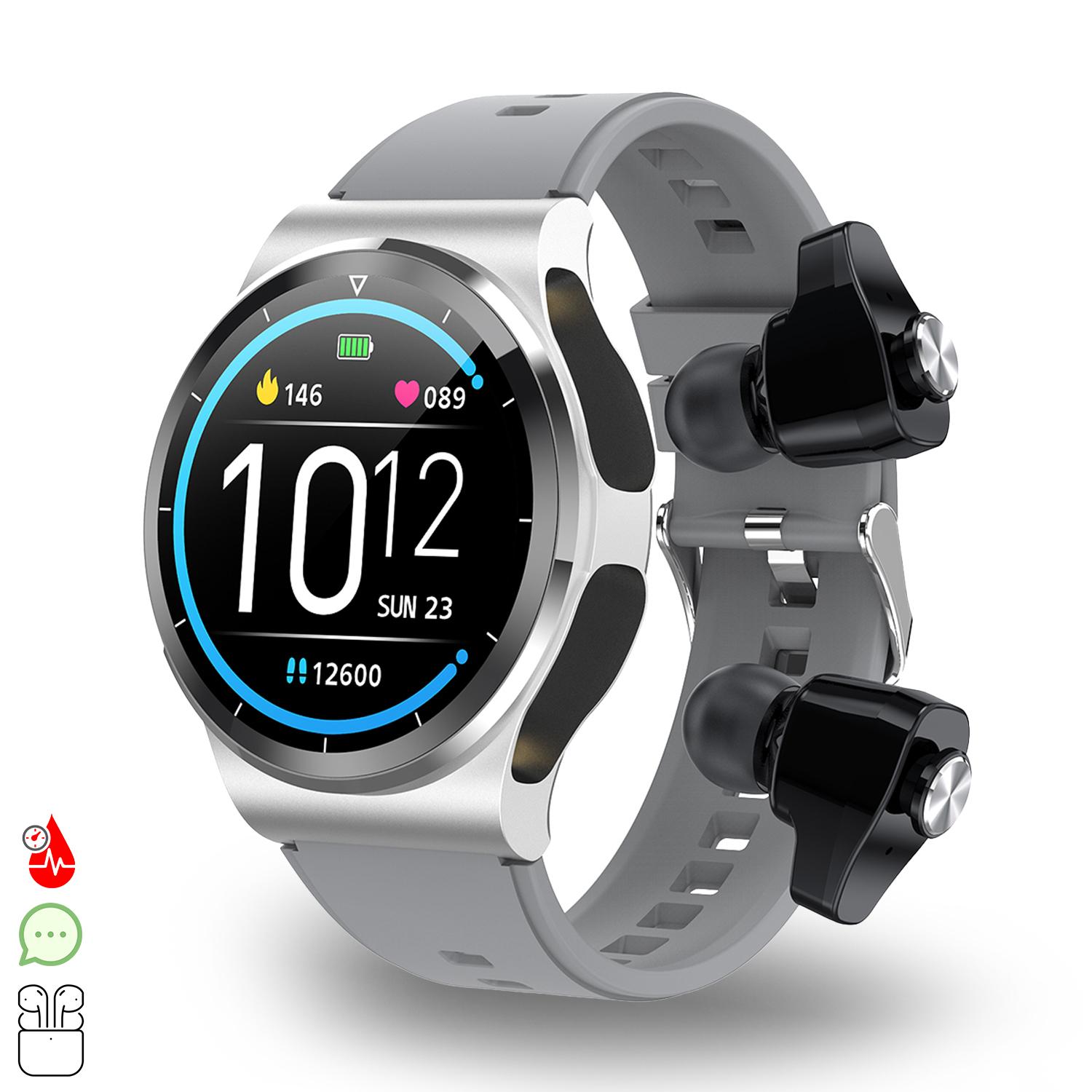 Smartwatch GT69 con auriculares Bluetooth 5.0 TWS integrados. Monitor de tensión y oxígeno en sangre; modo multideportivo.