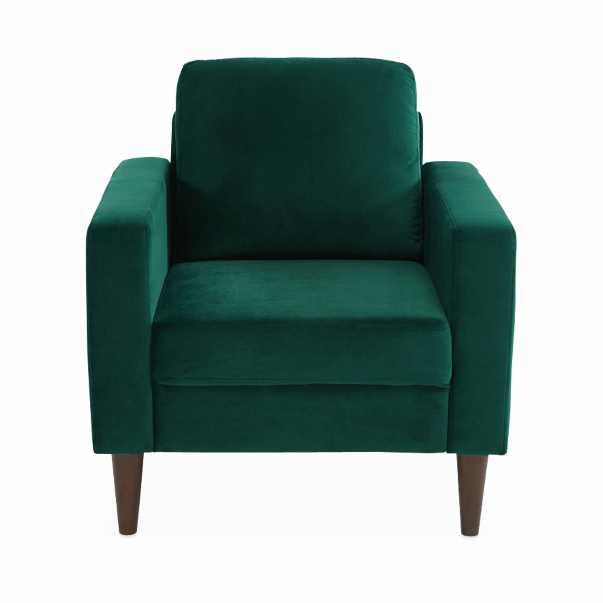 Fauteuil scandinave en velours vert anglais - Bjorn - Canapé 1 place fixe droit pieds bois d'hévéa effet bois de noyer