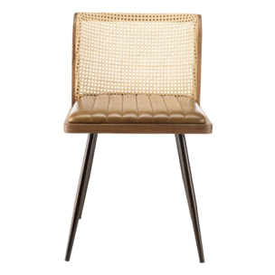 MARCEL - Lot de 2 chaises manguier assise matelassée cuir dossier rotin
