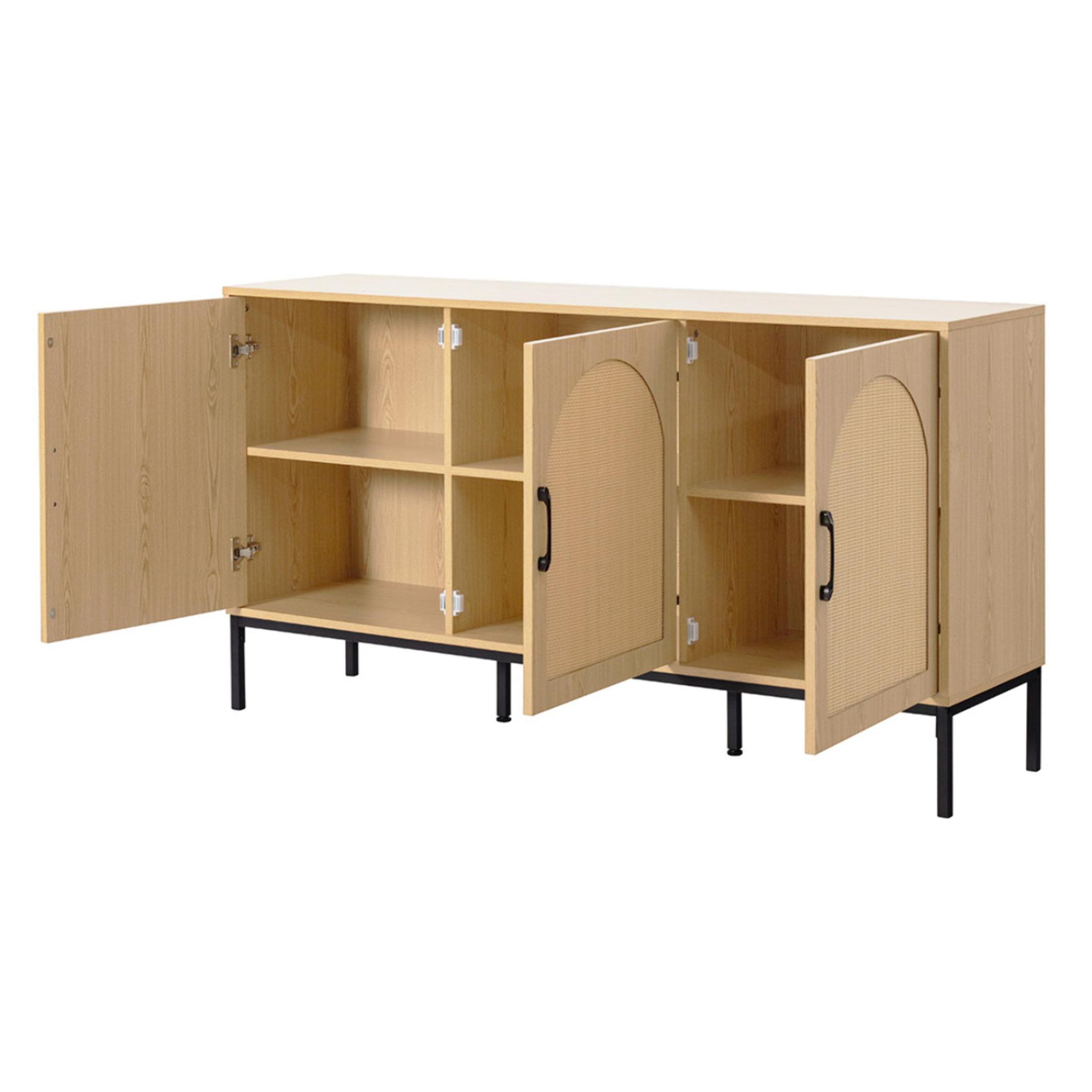 Nagato - buffet bas - cannage et effet bois - 3 portes - 150 cm - Bois / Noir