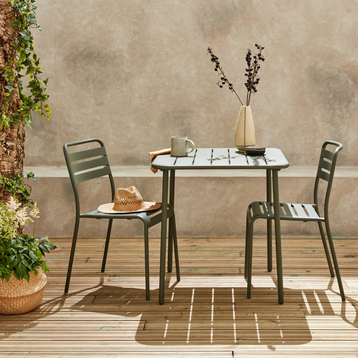 Table de jardin métal + 2 assises kaki Amélia. lattes et bords arrondis. traitement antirouille