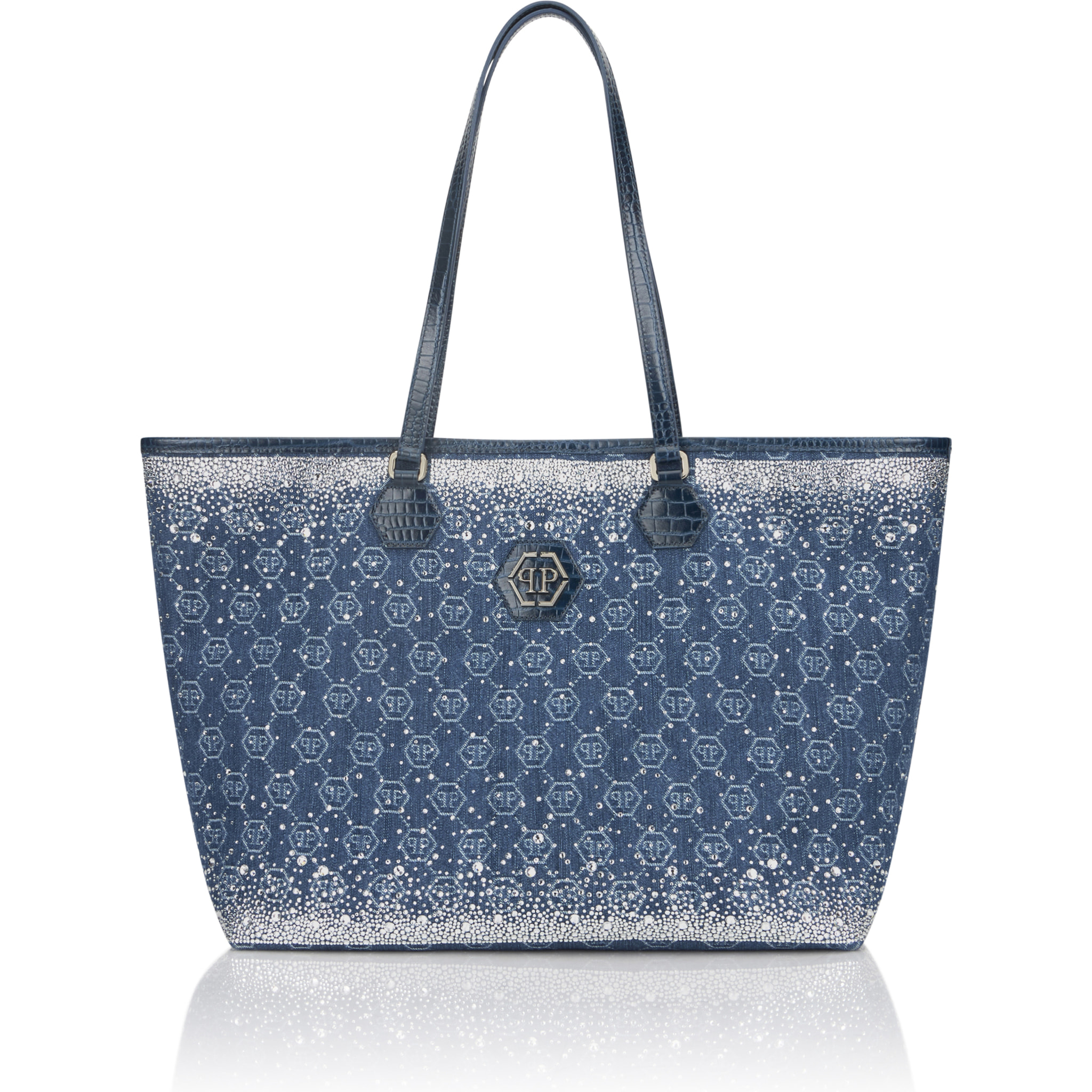 PHILIPP PLEIN Denim Shopper Bag Monogram Strass