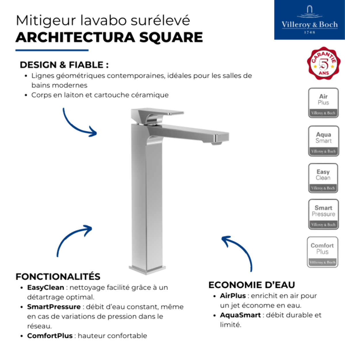 Mitigeur lavabo surélevé VILLEROY ET BOCH Architectura Square
