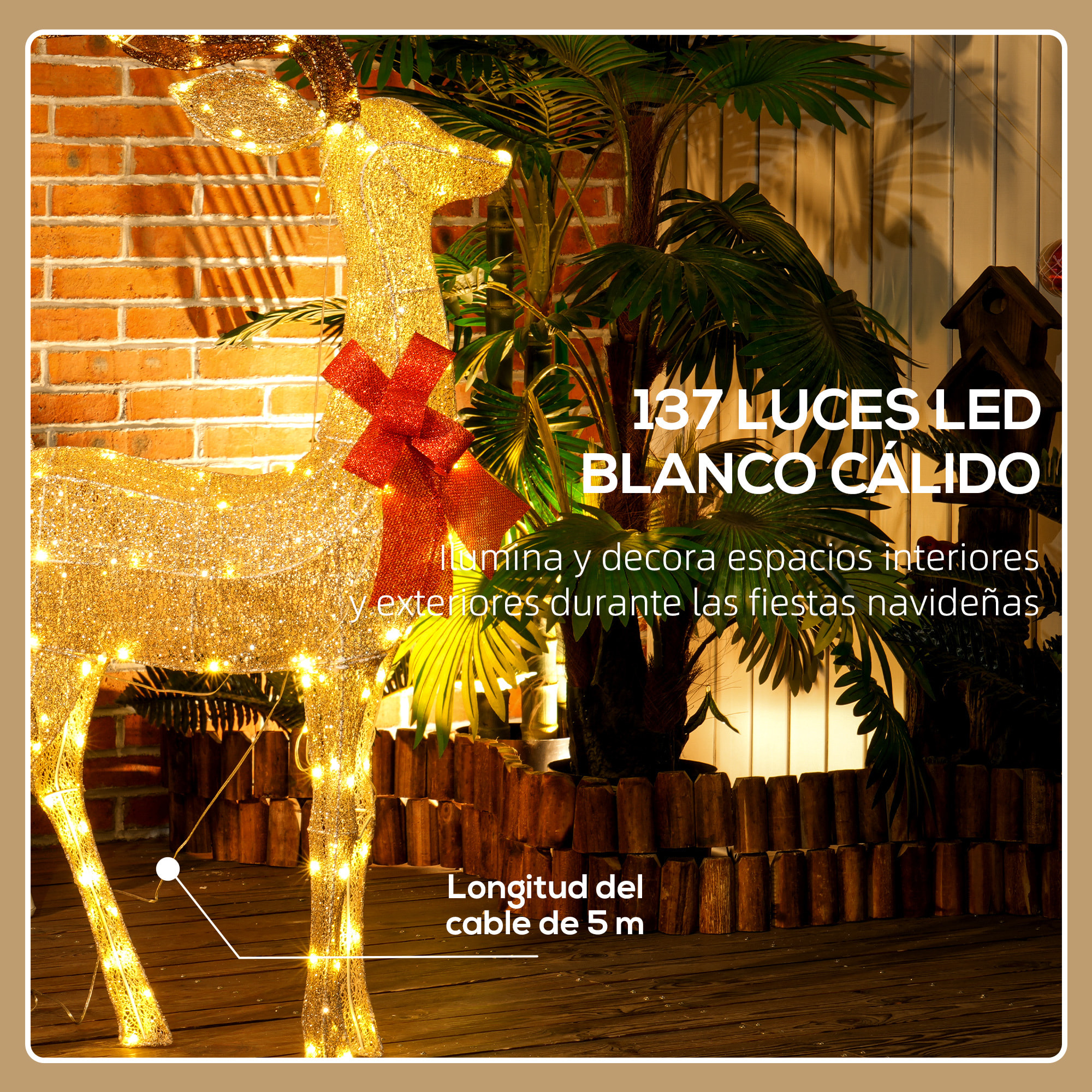 Reno Luminoso de Navidad, Decoración de Navidad con 137 LED Blanco Cálido, Illuminación Navideña para Interior, Exterior y Jardín, Dorado