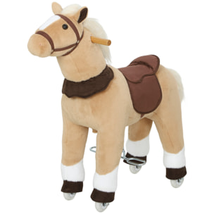 Cheval debout sur roulettes en peluche selle étrier poignées 72L x 32l x 80H beige marron blanc