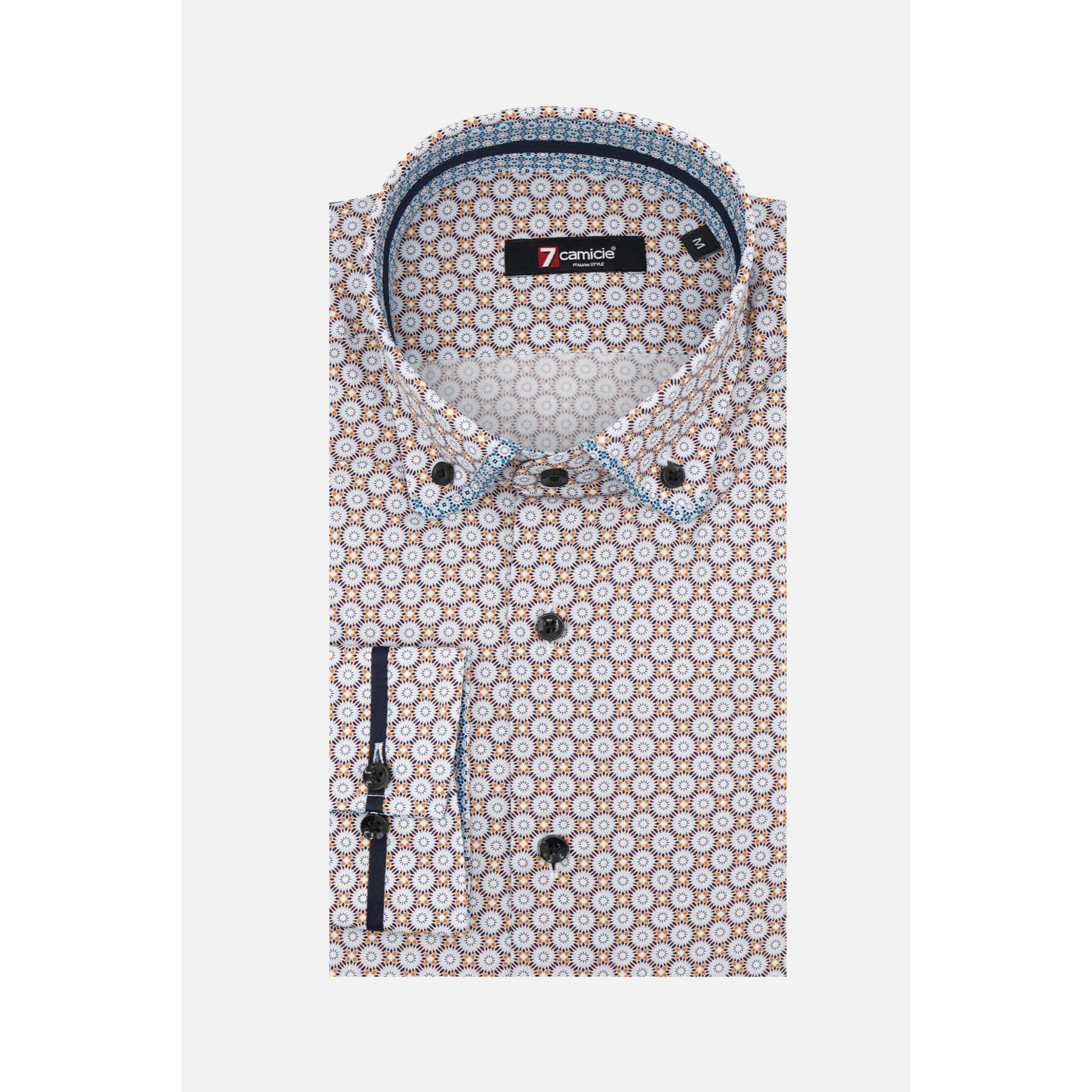 Camicia Uomo 1 Bottoni Button Down Slim Popeline Stampato Senape Celeste