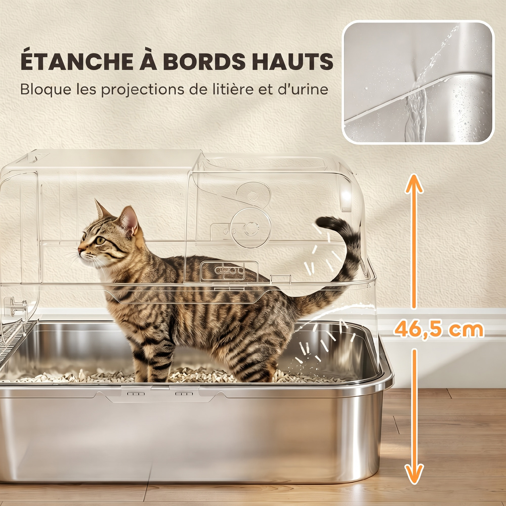 Maison de toilette XL pour chat bac acier inox porte grande ouverture verrouillable pelle