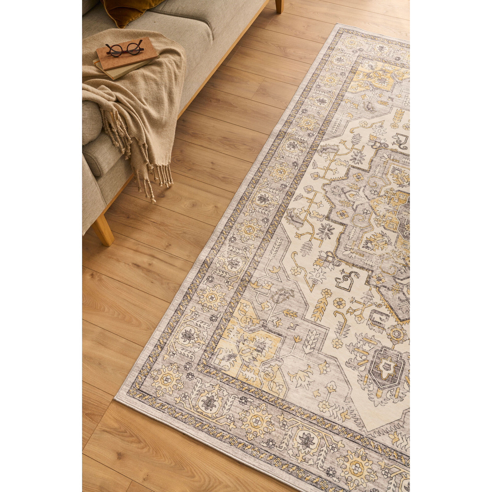 OTTOMAN - Tapis à poils courts doux à motif oriental jaune