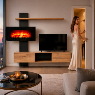 Parete Attrezzata Soggiorno Mobile Tv Biocamino Led Mensola Design Living Arredo Casa Contenitore Vetro Push Click 250x170x40 Cm Rovere E Antracite