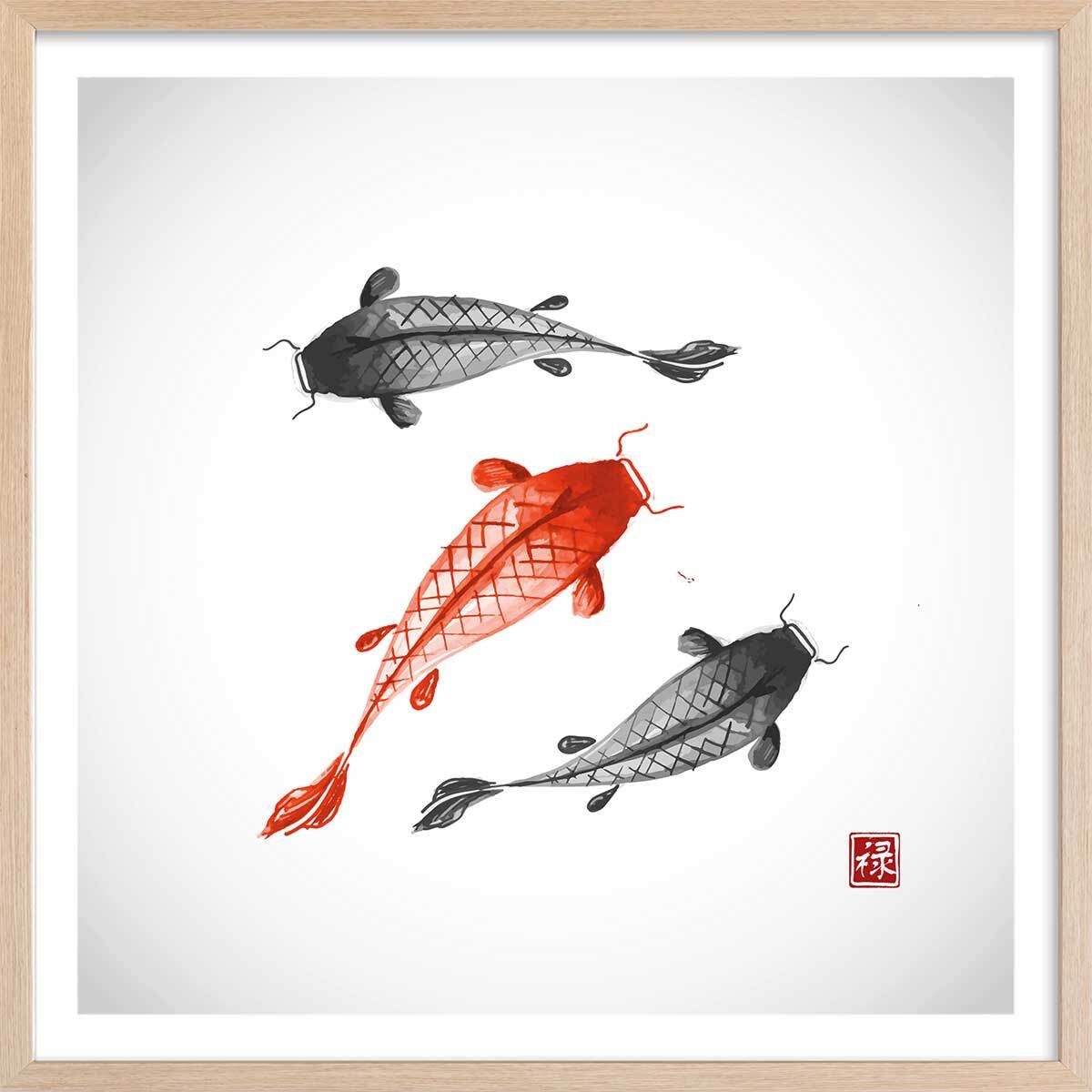 Affiche dessin carpes koï Affiche + cadre en bois - Chêne