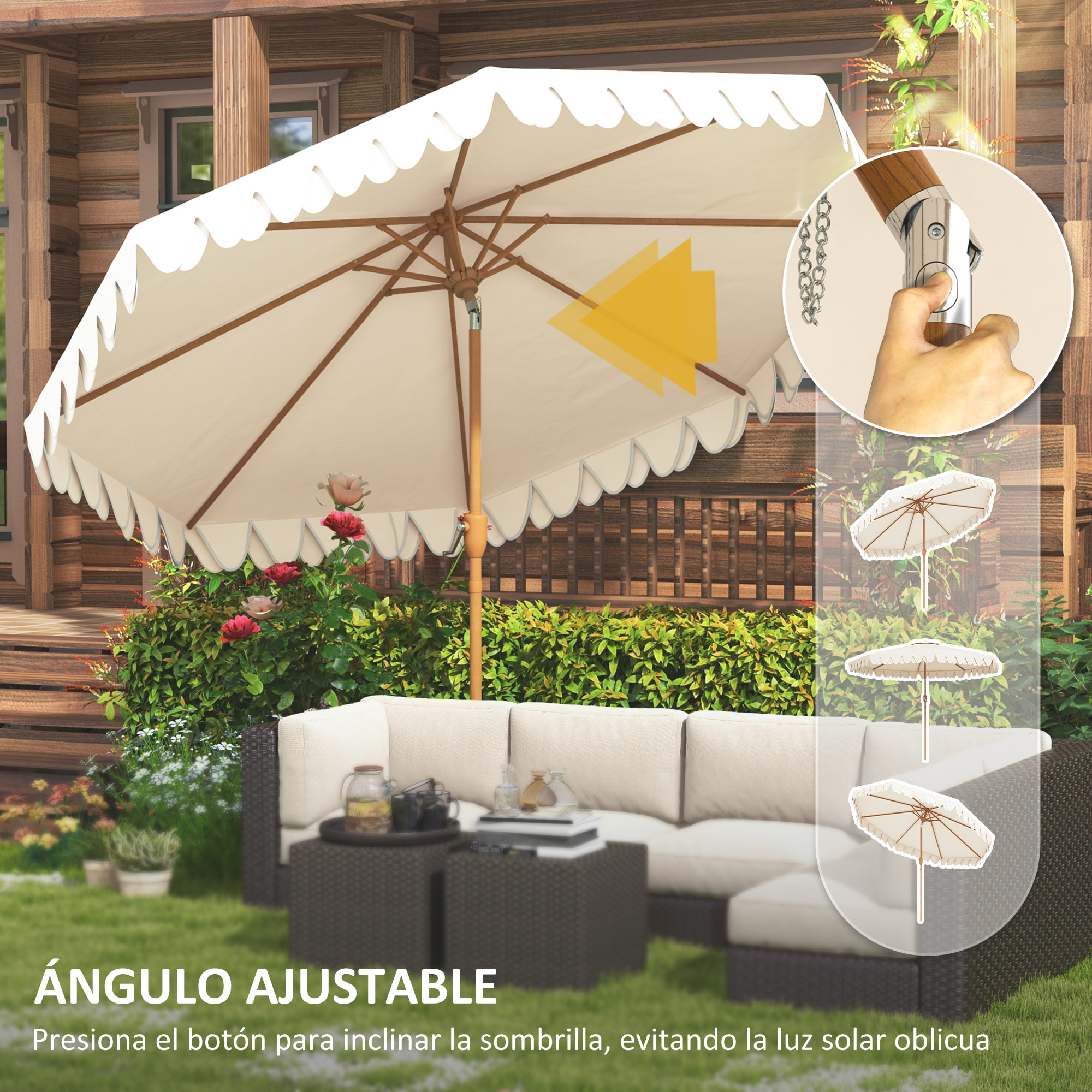 Sombrilla Terraza Exterior, Ø264x240 cm, Sombrilla de Jardín con Ángulo Ajustable, Manivela y Volantes, Impermeable, Parasol para Playa, Patio, Balcón, Crema