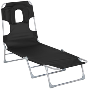 Chaise longue pliante, bain de soleil, avec appui-tête à trou pour la lecture et dossier inclinable en 4 positions, transat pour jardin, piscine, terrasse, en tissu Oxford, noir