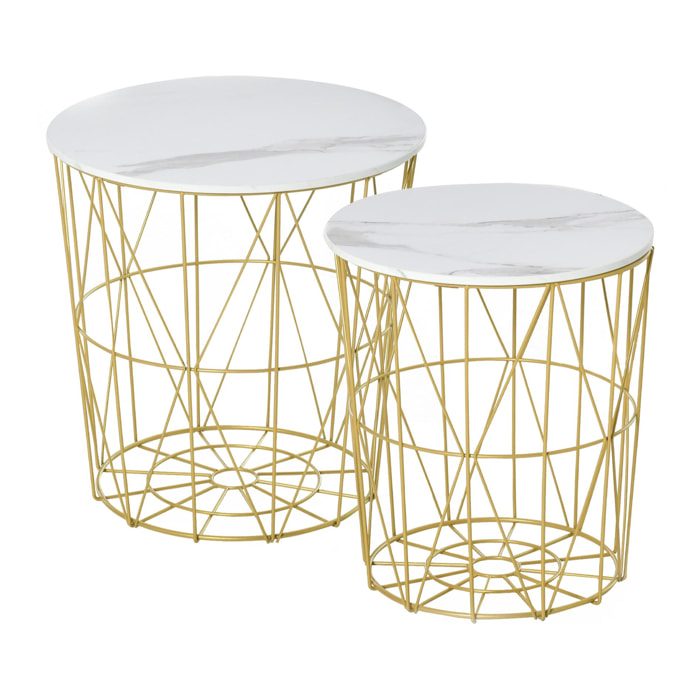 Lot de 2 tables basses gigognes - tables d'appoint rondes encastrables style néo-rétro bicolore structure métal doré plateau MDF aspect marbre blanc