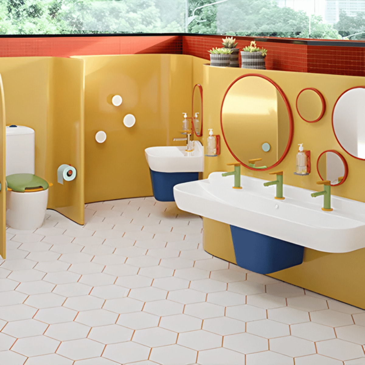 Lavabo pour enfant VITRA Sento Kids 85 cm + cache siphon + Mitigeur lavabo VITRA Sento Kids jaune et vert