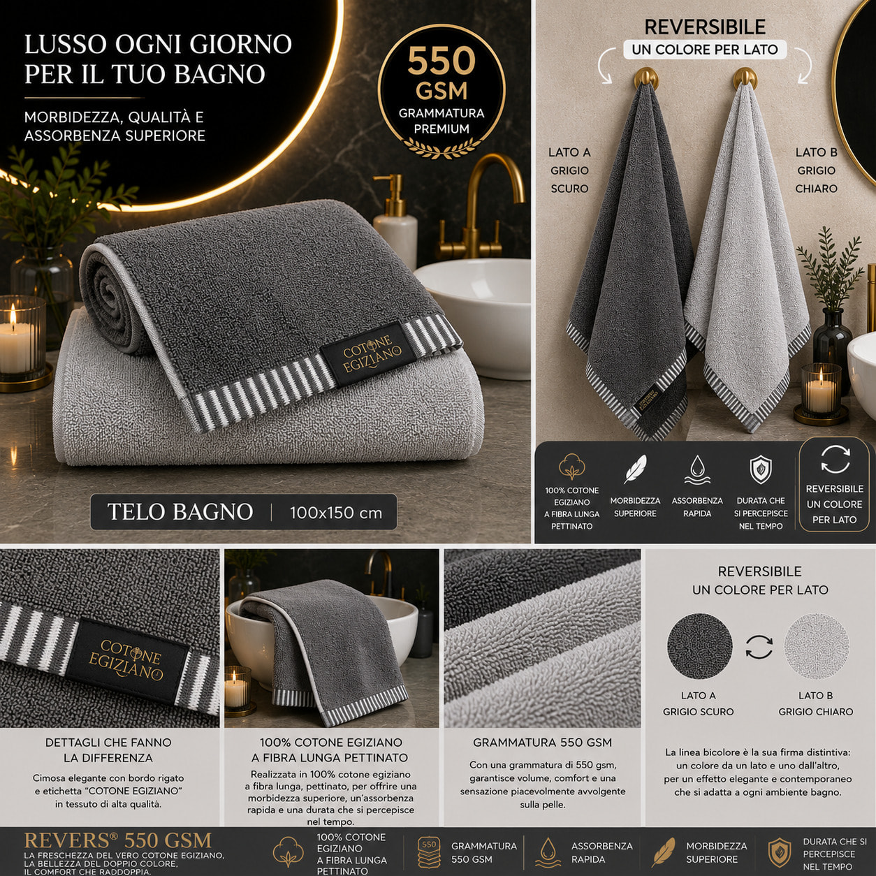 COTONE EGIZIANO Telo bagno Reverse in cotone egiziano 550 gr_Grey