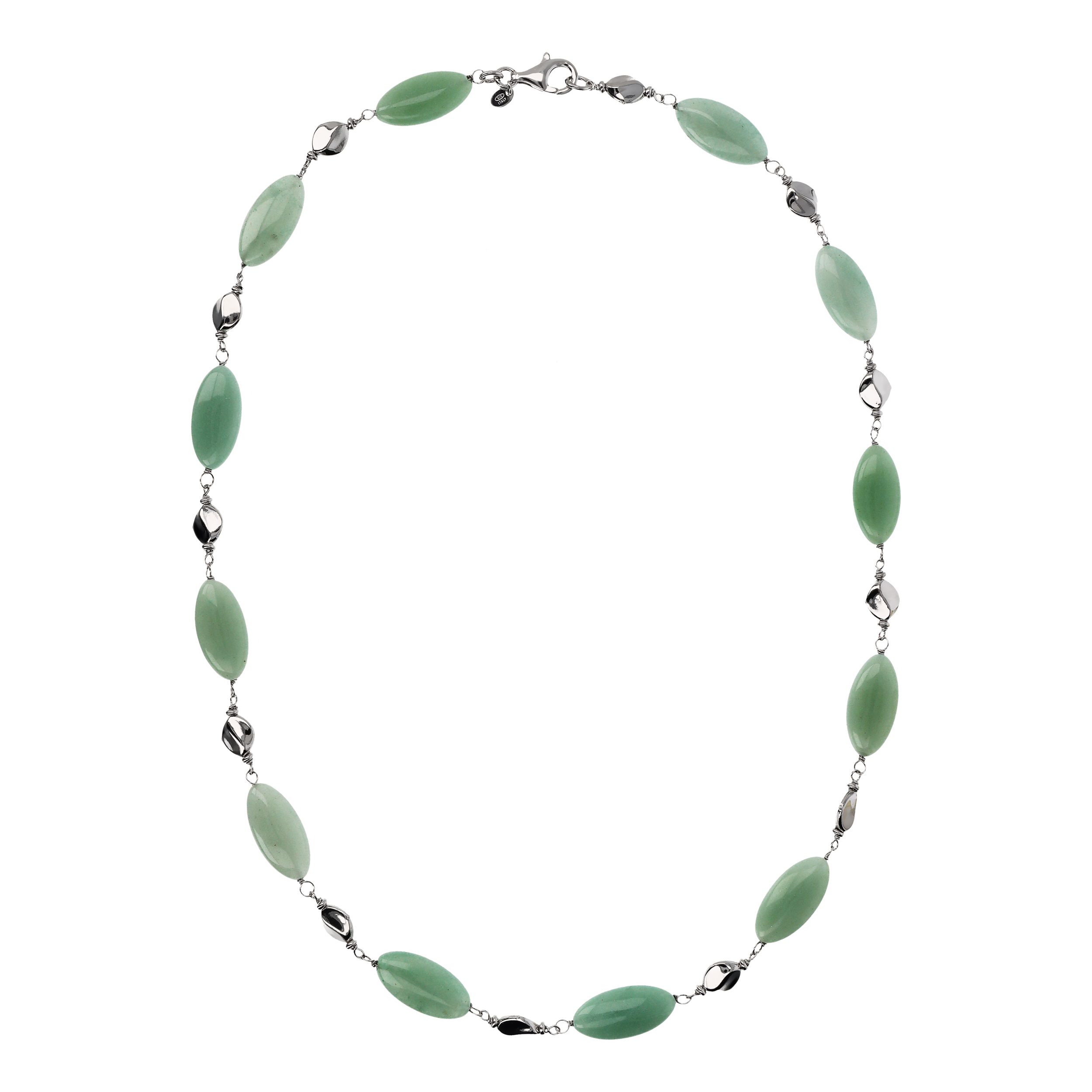 Collana Lunga con Avventurina Verde e Pepite Argentate in Argento 925 placcato Rodio