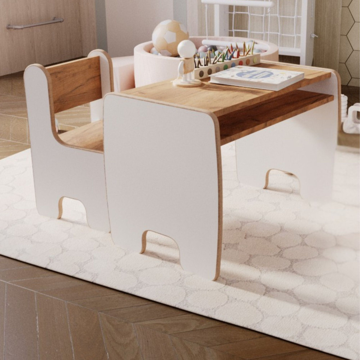 Set Tavolino e Sedia per Bambini Timi Bianco e Rovere