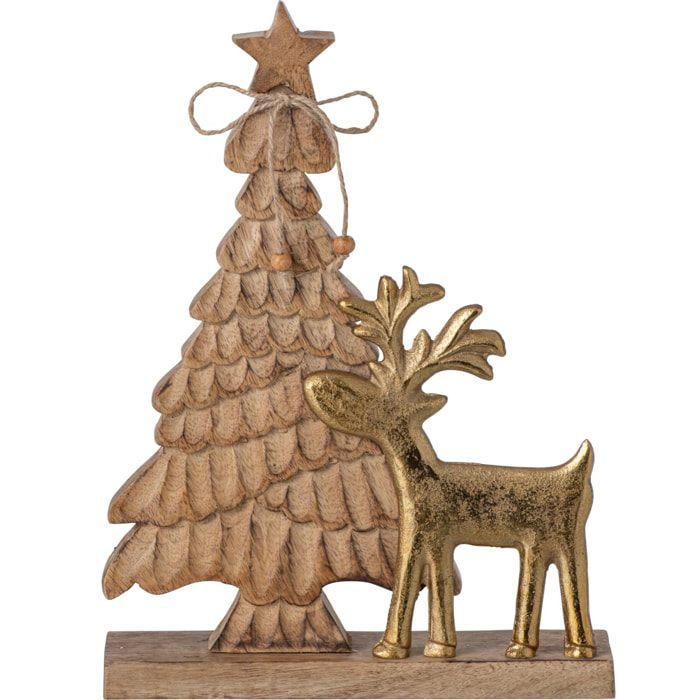 J-Line Sapin de Noël et renne - bois de manguier - naturel/doré