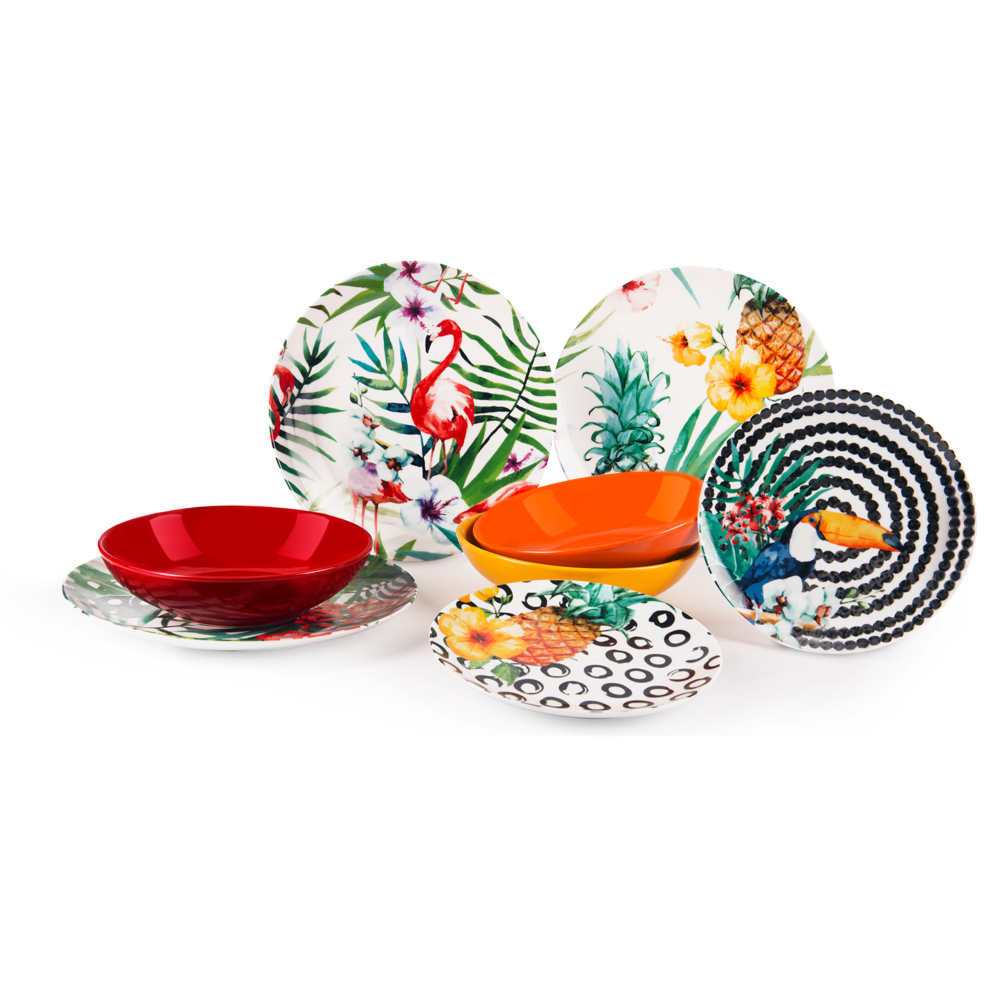 Service 18 assiettes Excelsa Tropical Chic, porcelaine et stoneware, multicolore