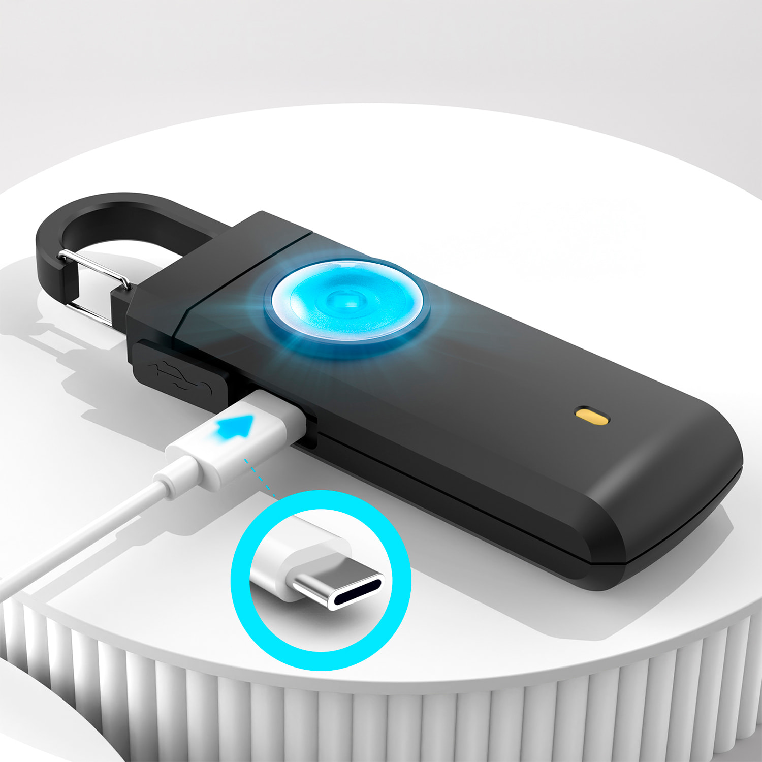 Alarma SOS personal con luz LED brillante de 40lm y sonido de 130dB. Batería recargable y activación rápida por tirón de anilla.