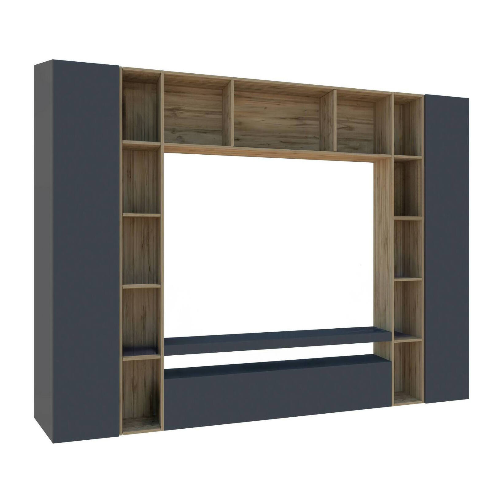 Parete attrezzata Gilberto, Set salotto porta TV a 3 ante, Mobile soggiorno multiuso, 100% Made in Italy, cm 270x35h210, Antracite e Rovere