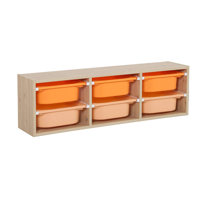 Meuble de rangement naturel pour enfant. 6 bacs en plastique orange pêche - Sora