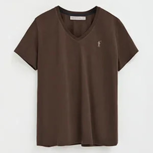 Maglietta cioccolato a maniche corte e scollo a V con ricamo Rigby Best