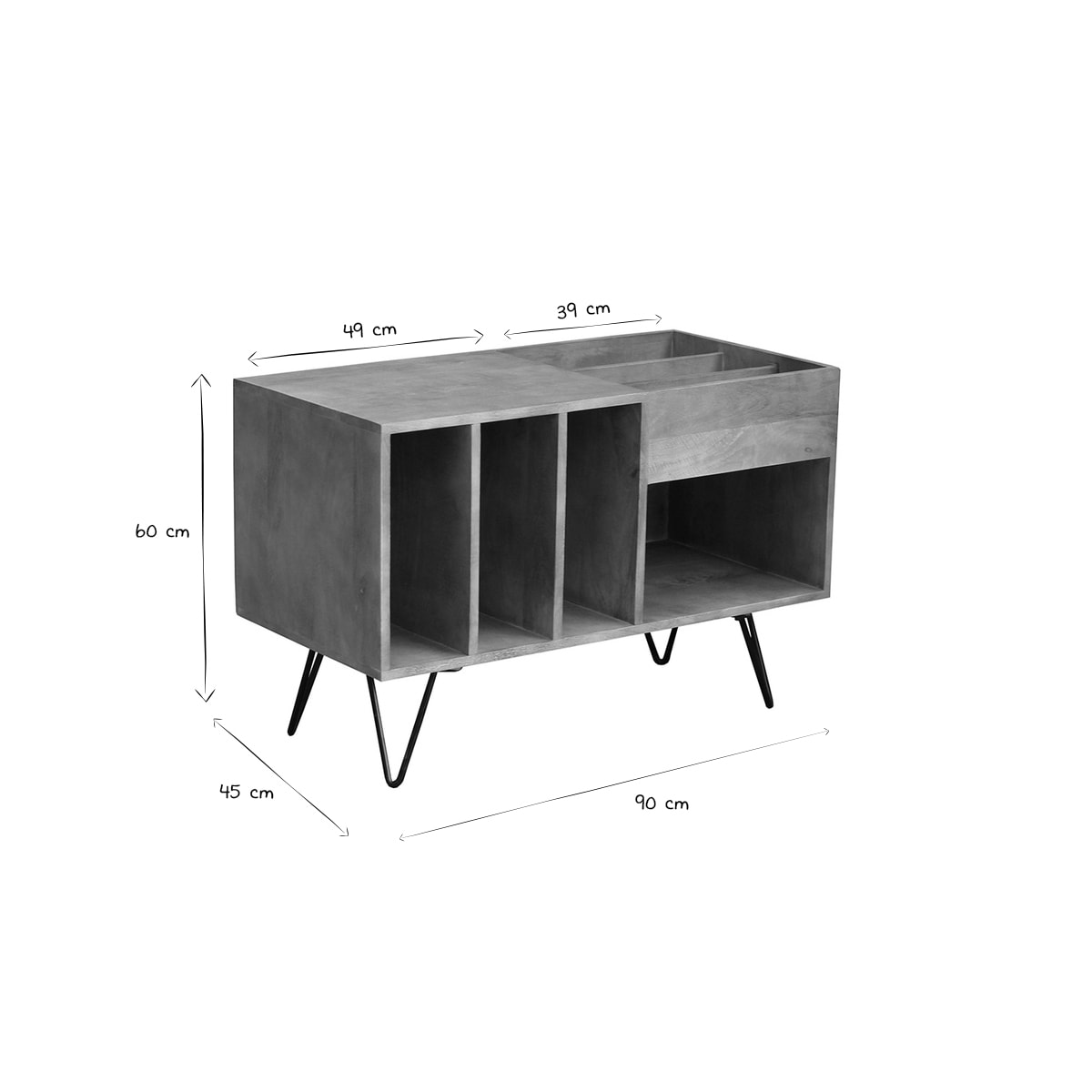 Buffet de rangement vinyles en bois manguier massif et métal L90 cm BOOGIE