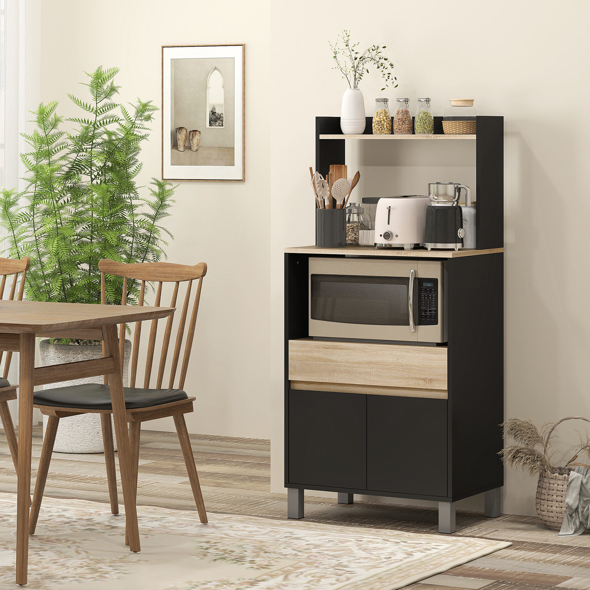 Meuble de rangement desserte de cuisine pour micro-ondes avec placard tiroir étagère supérieur 60 x 40 x 131 cm naturel et noir