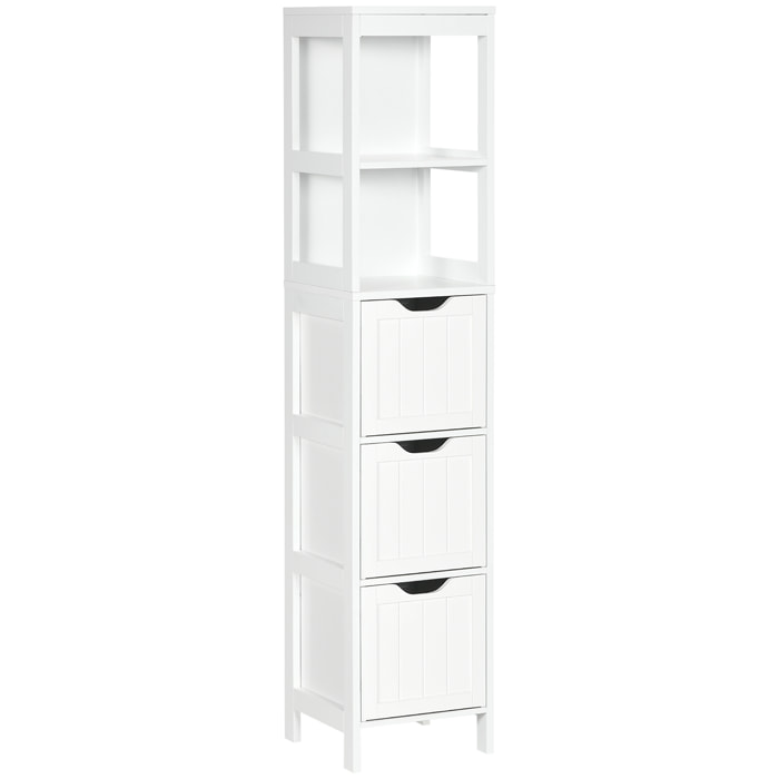 Armario Alto de Baño Estrecho con 3 Cajones y 2 Estantes Abiertos Columna de Baño Estilo Moderno para Salón Aseo Cocina 30x30x141,6 cm Blanco