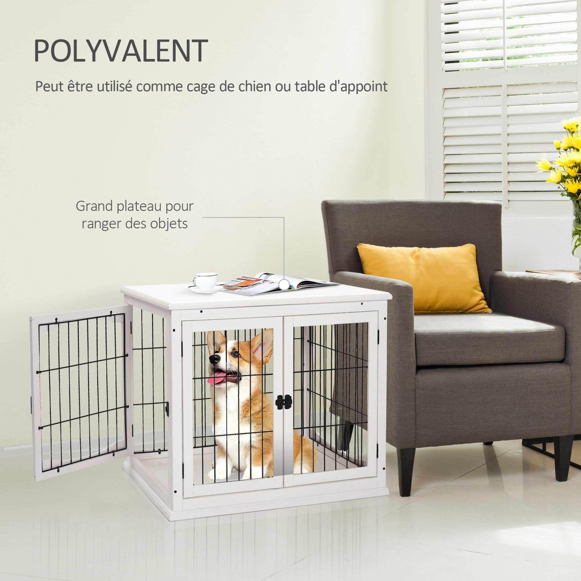 Cage pour chien animaux cage en bois MDF classe E1 3 portes verrouillables max. 30 Kg dim. 81L x 58l x 66H cm blanc noir