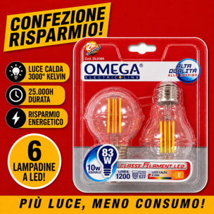 OMEGA Set 6 Lampadine Filament LED 10W E27 3000K