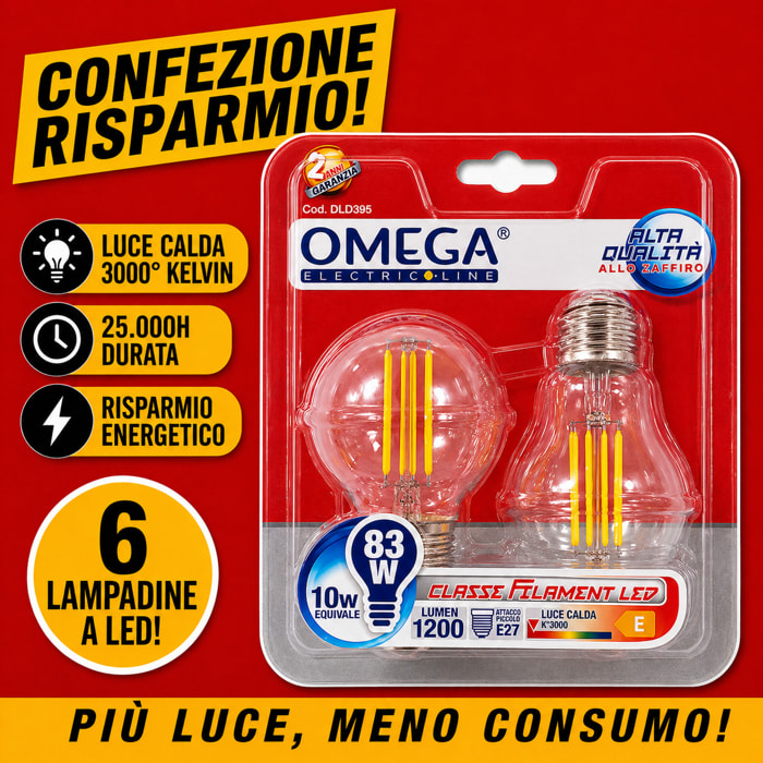 OMEGA Set 6 Lampadine Filament LED 10W E27 3000K
