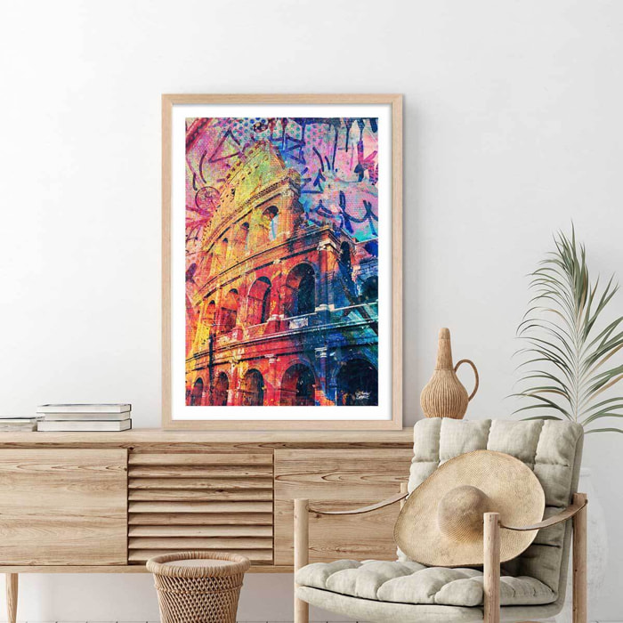 Tableau colisée popart et graffiti Affiche + cadre en bois - Chêne